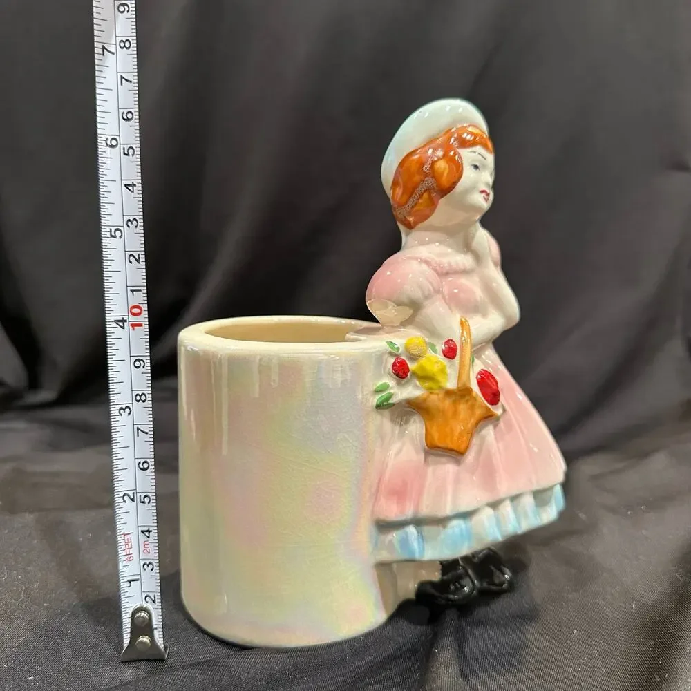 Vintage Girl with Flower Basket Lusterware Planter